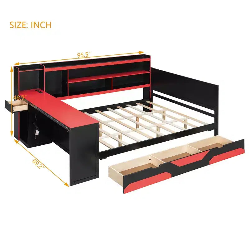 Full/Queen Gaming Daybed with Bookcase Headboard, LED Lights, Integrated Desk, Drawers and Charging Station