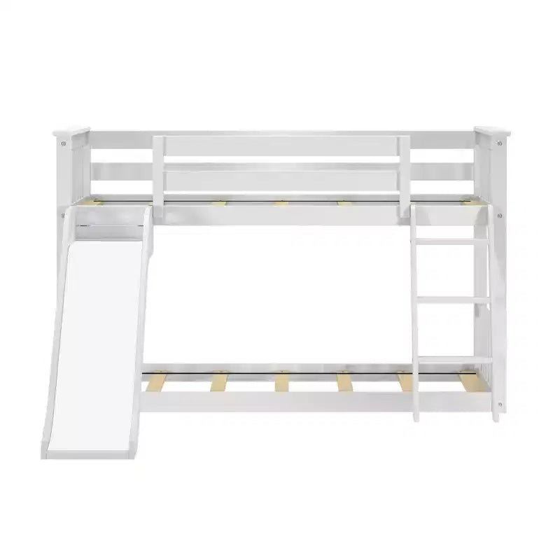 Twin Over Twin Low Bunk With Easy Slide & Black & White Farmhouse Curtain