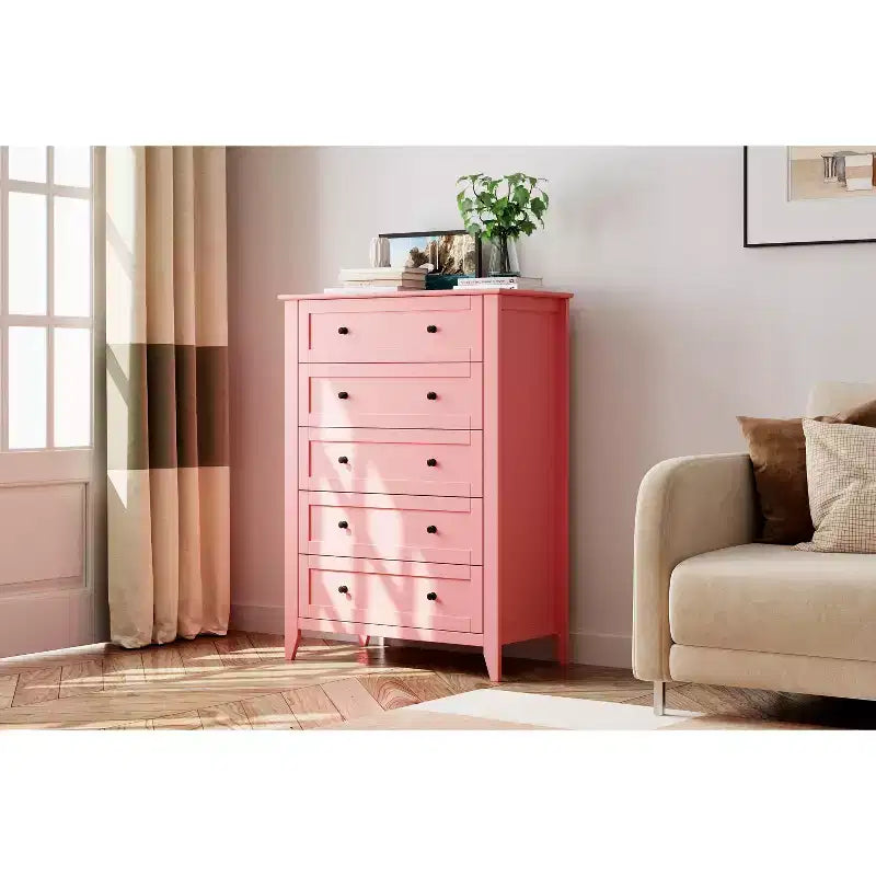 5-Drawer 42.5-Inch Tall Dresser for Bedroom, Wooden Storage Cabinet with 11.9-Inch Deep Drawers & Gold Metal Knobs, Ideal for Entryway, or Hallway