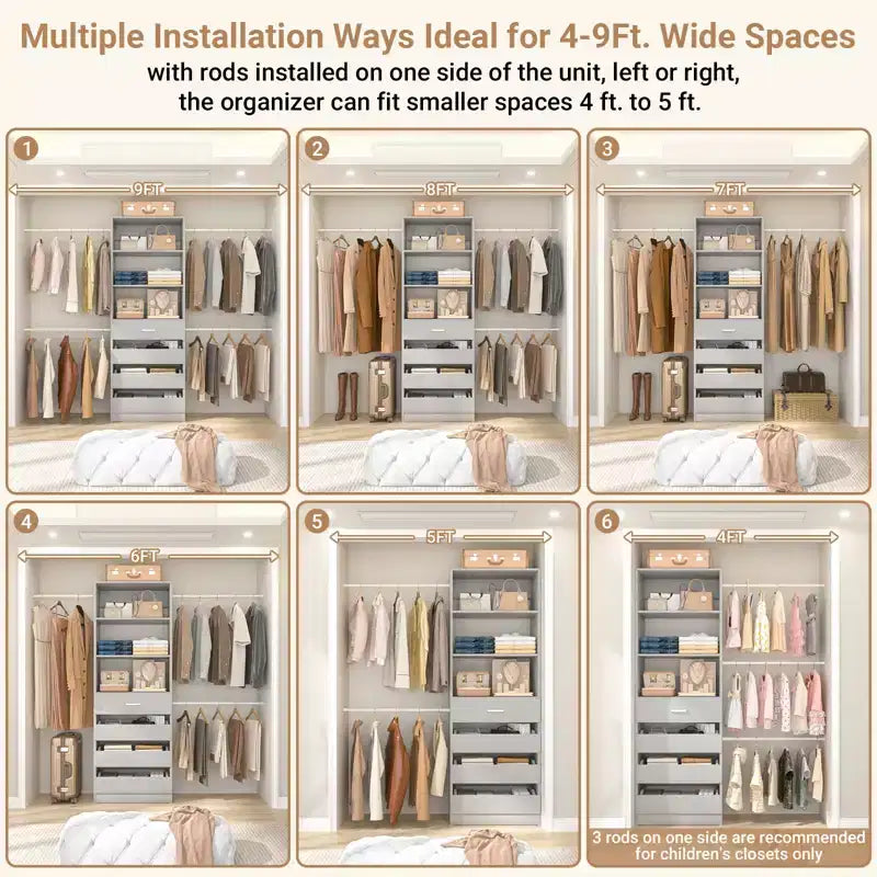 Besiost 4-9 Ft Wooden Closet Organizer System with 4 Drawers, 4 Hanging Rods & Shelving Towers