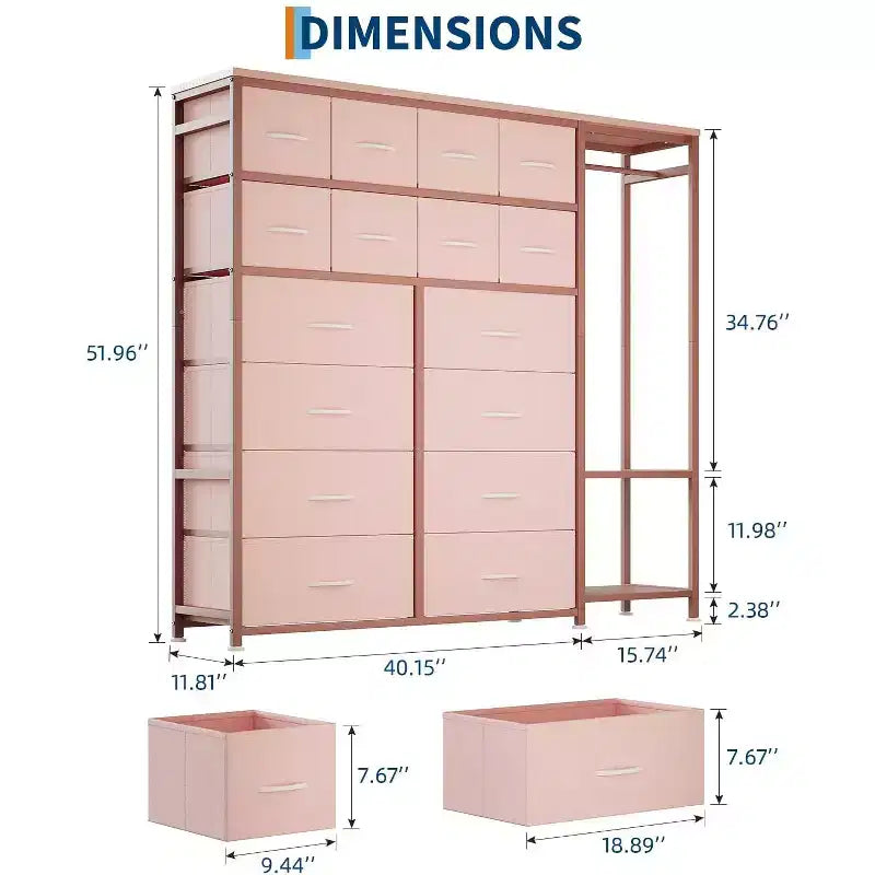 Dresser with 16 Drawers & Hanging Rod & Shelves, Fabric Storage Organizer for Bedroom, Closet, or Entryway