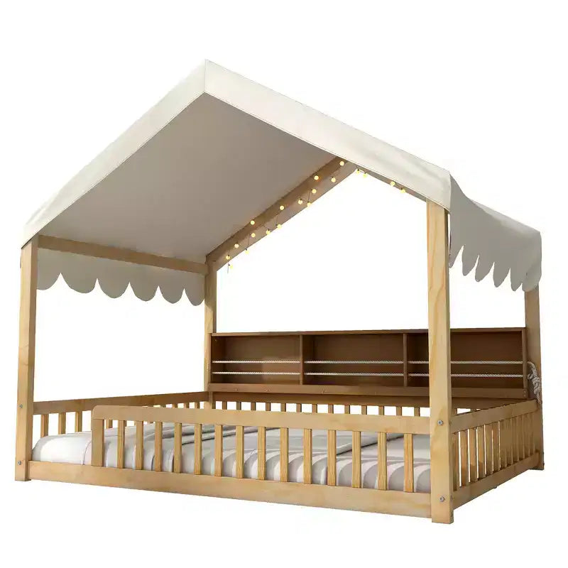 Whisen Full Size Wooden Floor Bed Frame, House-Shaped Daybed with Fense, 3 Storage Bookshelves, Curtain