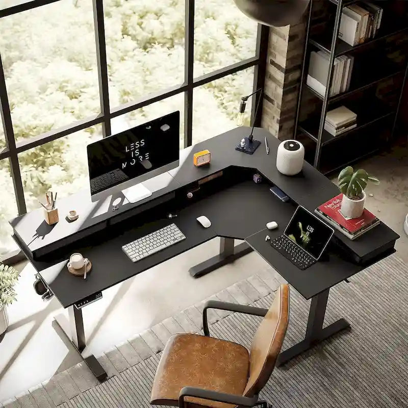 L-Shaped Electric Standing Desk with 3 Drawers & Lockable Casters, 63