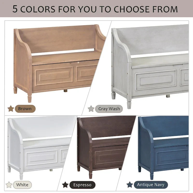 Rustic Solid Wood Entryway Storage Bench with Safety Hinge