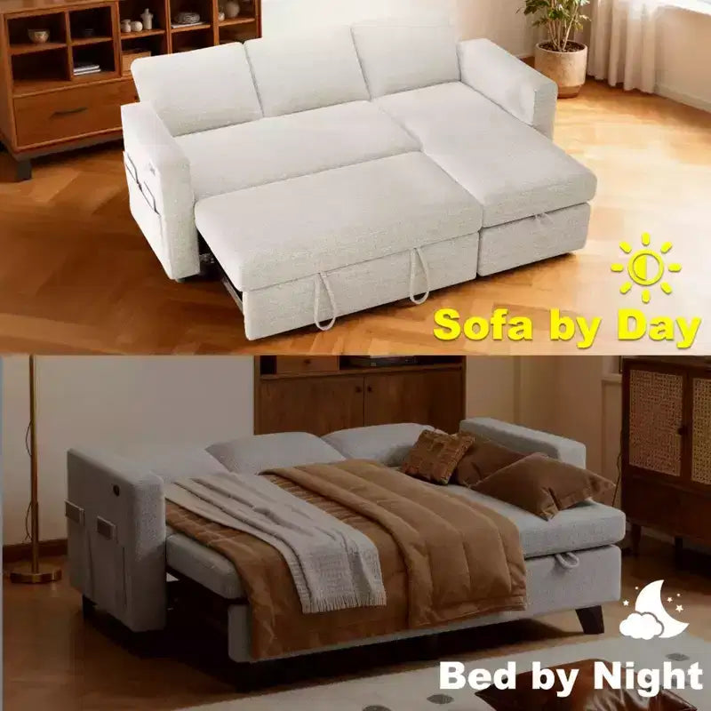 2-in-1 Pull Out Sleeper Sofa with Storage Chaise, Chenille Sectional Couch with USB Ports for Living Room