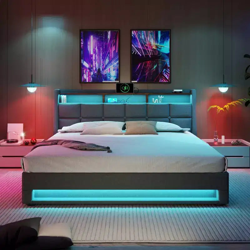 Lit Queen avec rangement hydraulique, LED, USB, tête de lit rembourrée, sans sommier, assemblage facile