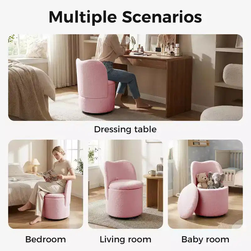 Swivel Vanity Chair with Storage, Upholstered Round Makeup Stool with Back, Soft Padded Barrel Accent Armchair for Bedroom & Living Room