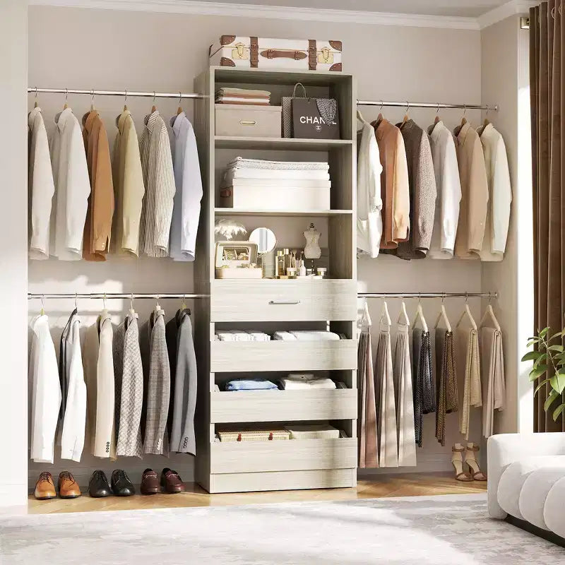 Besiost 4-9 Ft Wooden Closet Organizer System with 4 Drawers, 4 Hanging Rods & Shelving Towers