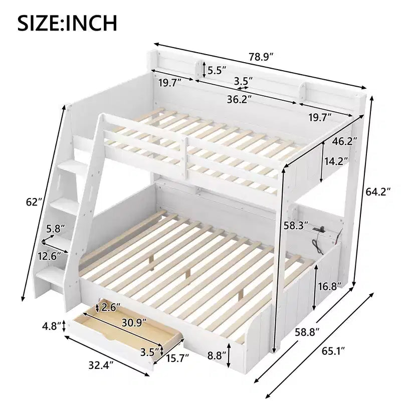 Twin over Full Bunk Bed with Storage, LED Lights & Charging Station, Wood Bunked Bed Beside Shelves for Kids & Teens
