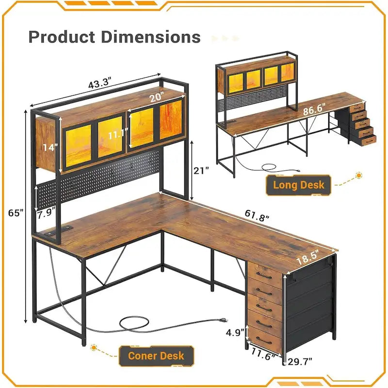 L Shaped Gaming Desk Computer Desk Pegboard 5 Drawers Storage Shelf