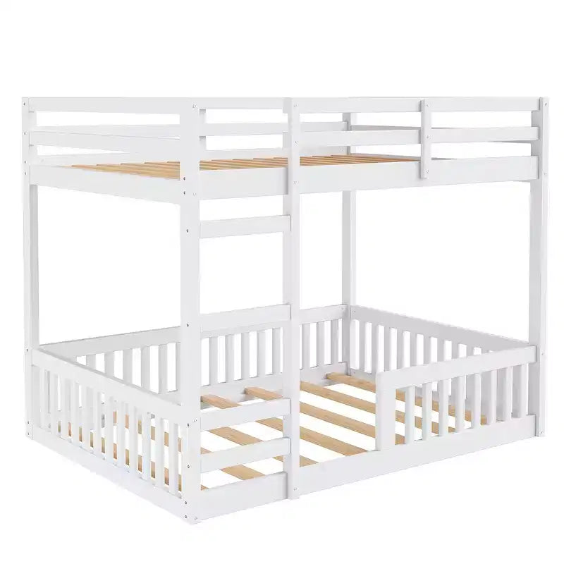 Full over Full Wooden Bunk Bed with Ladder and Guardrails, Low Floor Full Size Bunk Beds with Slats Support
