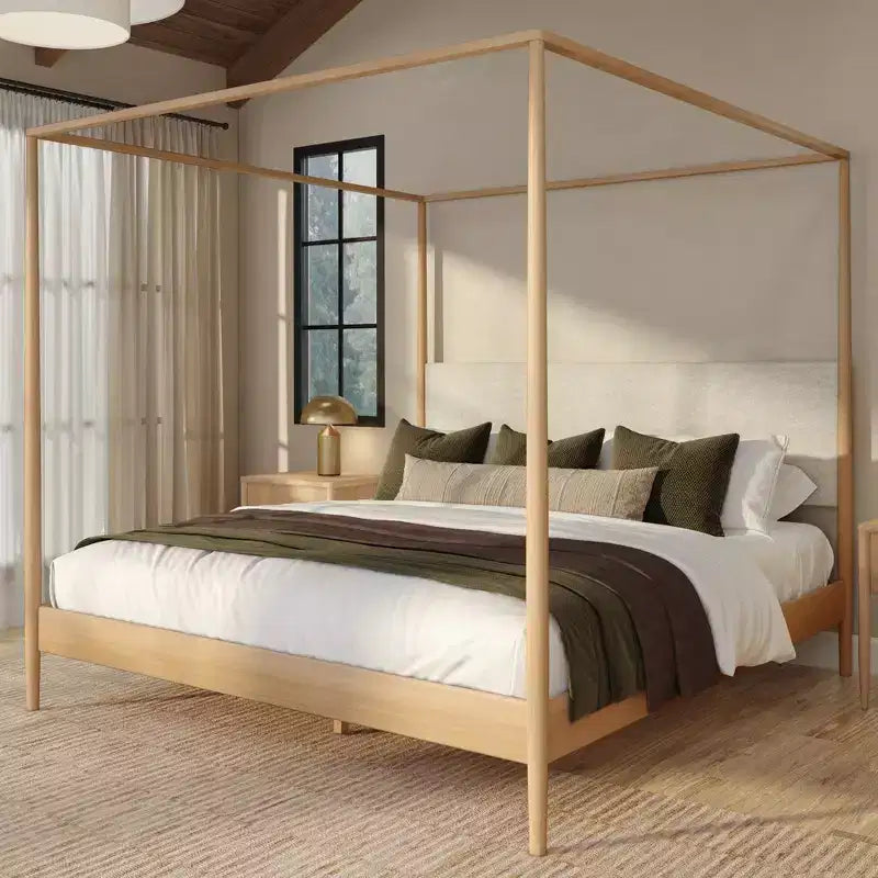 Harbor King Canopy Bed with Upholstered Headboard, Blonde/Swiss Coffee (MD2411-01)
