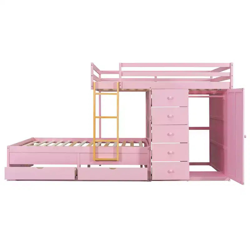 Full Over Full Modern Bunk Bed With Built In Closet And 7 Storage Drawers
