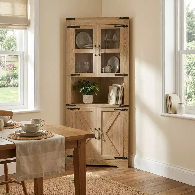 69 Tall Corner Cabinet, Farmhouse Corner Storage Cabinet, Space Saving Storage, Glass Door, Adjustable Shelves, for Living Room, Kitchen