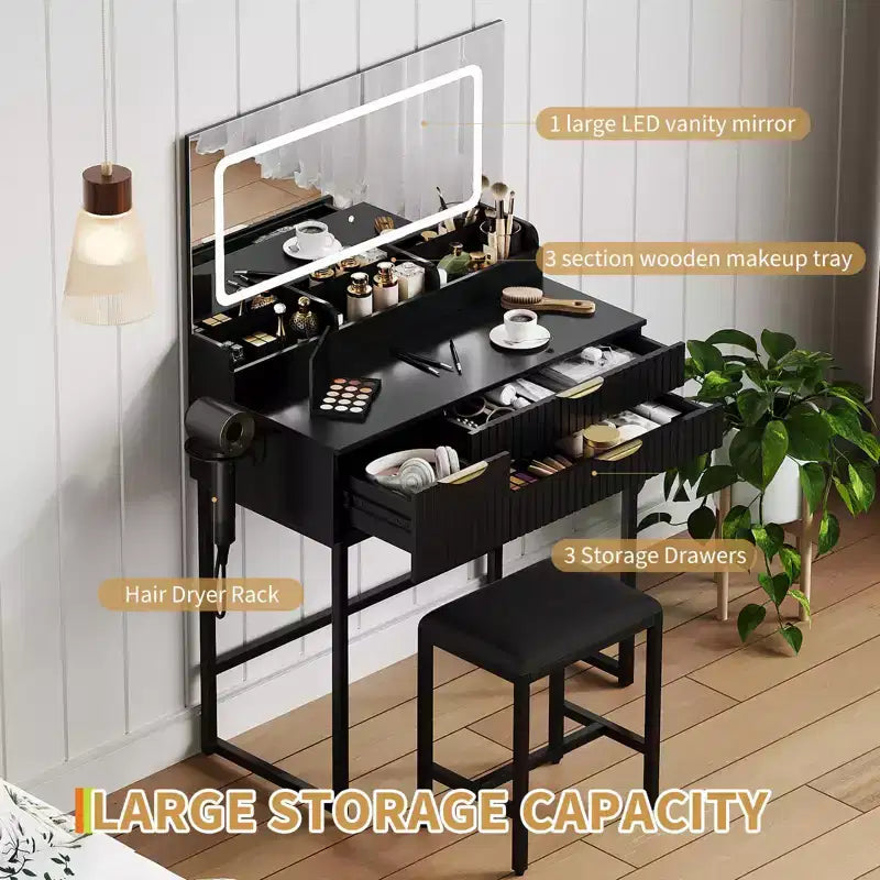 Vanity Desk with Mirror and Lights, LED Lighted Mirror Design, Ample Storage Drawers for Cosmetics and Toiletries Organization