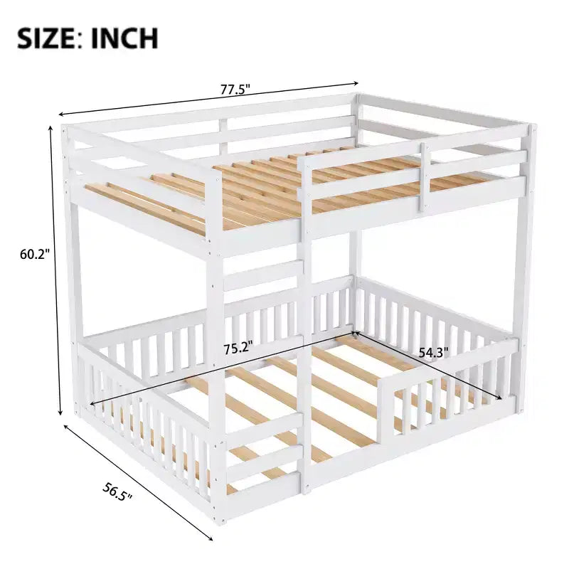 Full over Full Wooden Bunk Bed with Ladder and Guardrails, Low Floor Full Size Bunk Beds with Slats Support