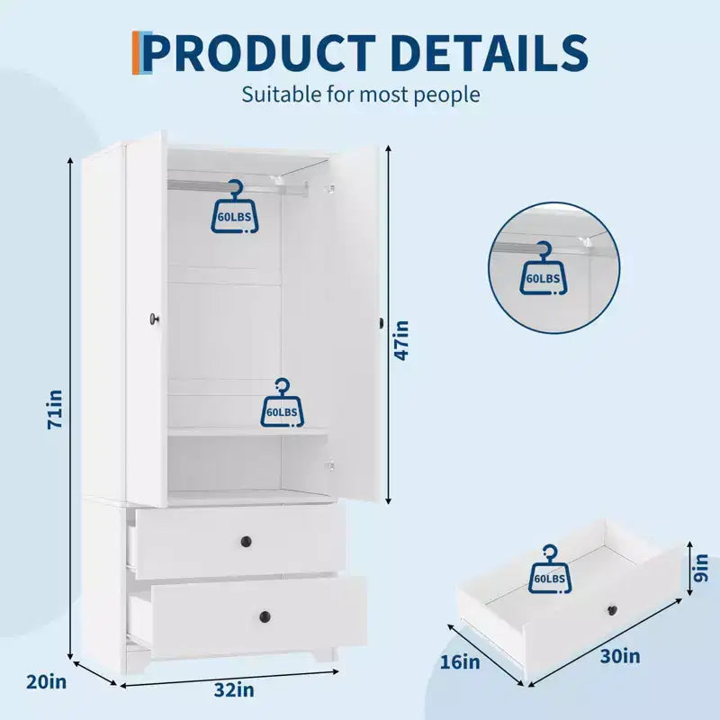 71 Inch Modern Wooden Bedroom Armoire Wardrobe Closet with 2 Doors 2 Drawers Adjustable Shelves Clothing Storage Cabinet and Hanging Rod