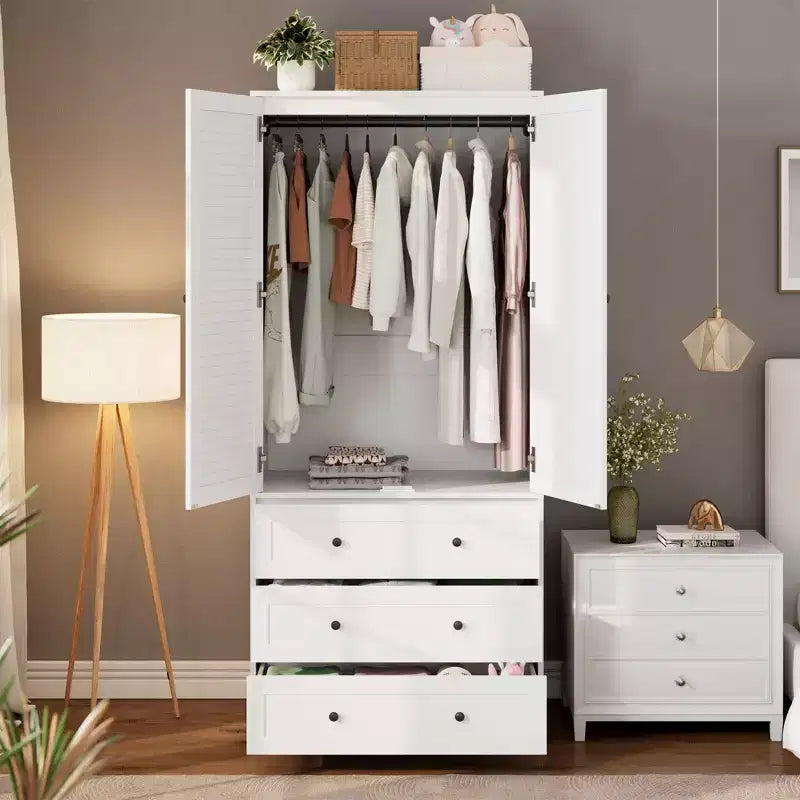 COZONY Armoire Wardrobe with 3 Drawers & 2 Doors, Modern Wooden Closet Cabinet for Bedroom, Heavy Duty White Standing Armoire