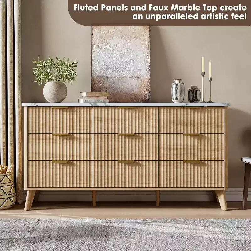 9 Drawers Fluted Dresser, Modern Chest, Wooden Dresser TV Stand, Curved Profile Design, for Living Room, Hallway