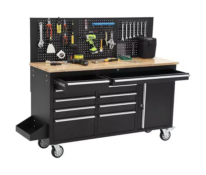Servante d'atelier roulante et établi de garage 10 tiroirs de 155 cm avec multiprise, plateau en bois d'hévéa massif, capacité de charge de 760 kg, armoire de poste de travail mobile robuste