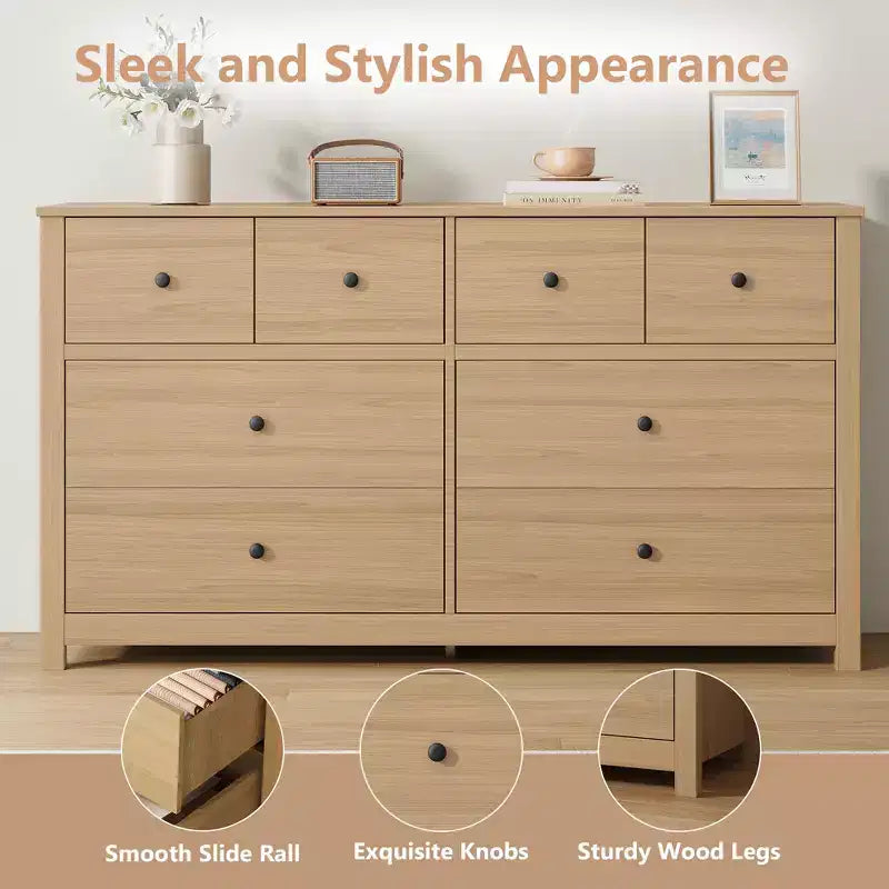 Modern 8-Drawer Dresser for Bedroom, Wide Wood Chest of Drawers with Deep Storage, Freestanding Organizer Cabinet Furniture for Living Room