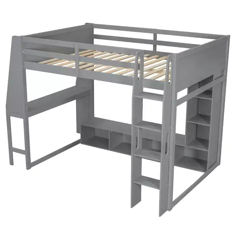 Whisen Wood Twin Size Gaming Loft Bed with Desk, Multi-storage Shelves, LED and a Hanging Clothes Rack