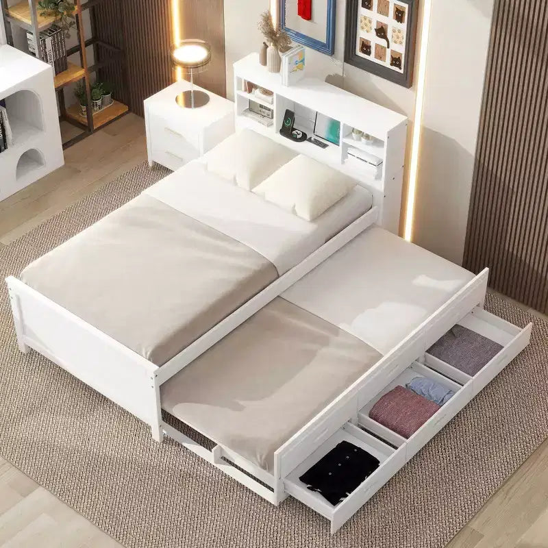Platform Bed with Trundle and Drawers, Storage Platform Bed with USB, Wood Platform Bed with Bookcase