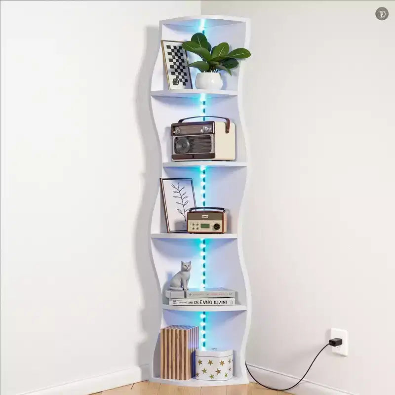 VECELO 5-Tier Wave Corner Shelf, Tall Vertical Storage Display Shelf for Small Spaces & Living Room, White