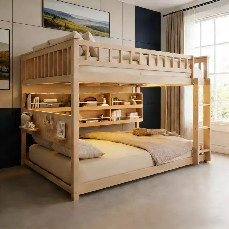Luxystar Full Over Full Modern Low Bunk Bed With Storage Lighted Shelves And Pegboard