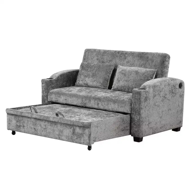61.6 Modern Chenille Convertible Sofa Bed with USB Ports, Cup Holders & Adjustable Backrest for Living Room, Apartment