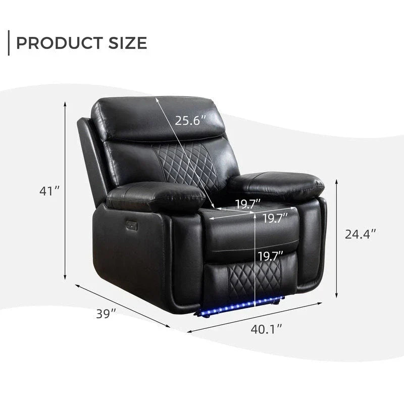 Power Reclining Sofa with Wireless Charger,Reading Light,LED Light for Living Room,Faux Leather,AC/USB Port,Cup Holder,Black