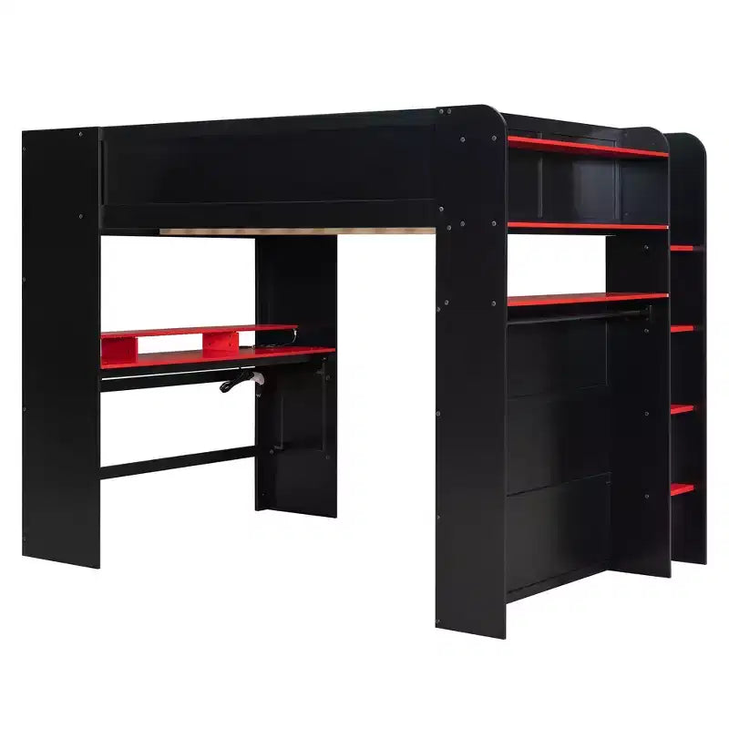 Luxystar Full Size Loft Bed With Lighted Adjustable Desk, Open Wardrobe and Bookcase