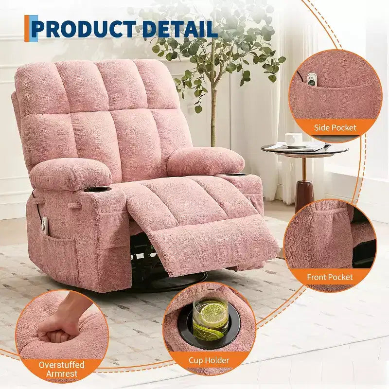 Oversized Recliner Chair for Adults, Manual Swivel Rocker Sofa, Side Pockets & Cup Holders for Big and Tall Persons, Living Room