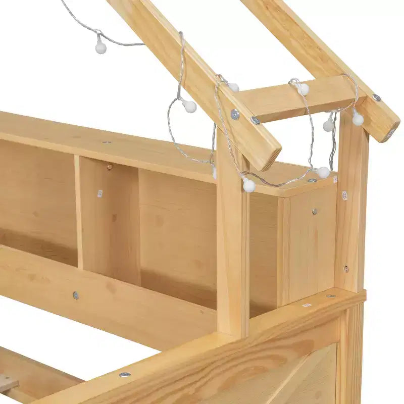 Full Size House Bed Frame with Drawers, House Platform Bed with LED Lights, Storage Shelves & Drawers, Wood Daybed with Roof and Guardrail