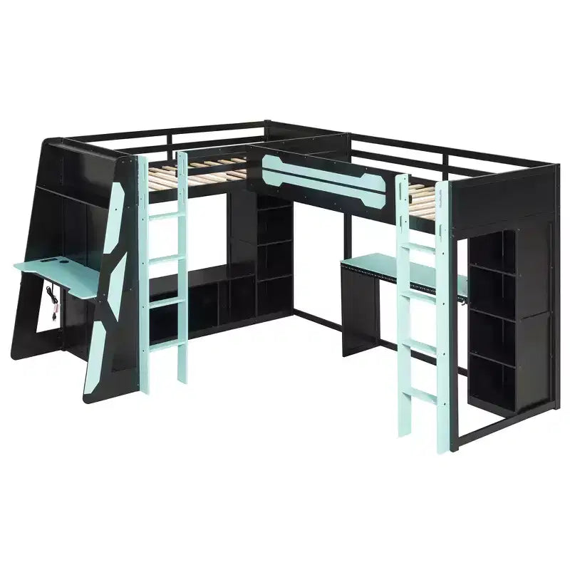 L-Shaped Gaming Loft Bed with Desks, Double Twin Loft Beds with LED Lights, USB Ports, Storage Bookshelves, Wood Corner Loft Bed for 2