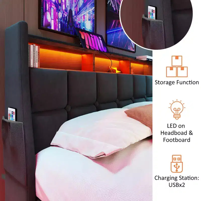Lit Queen avec rangement hydraulique, LED, USB, tête de lit rembourrée, sans sommier, assemblage facile