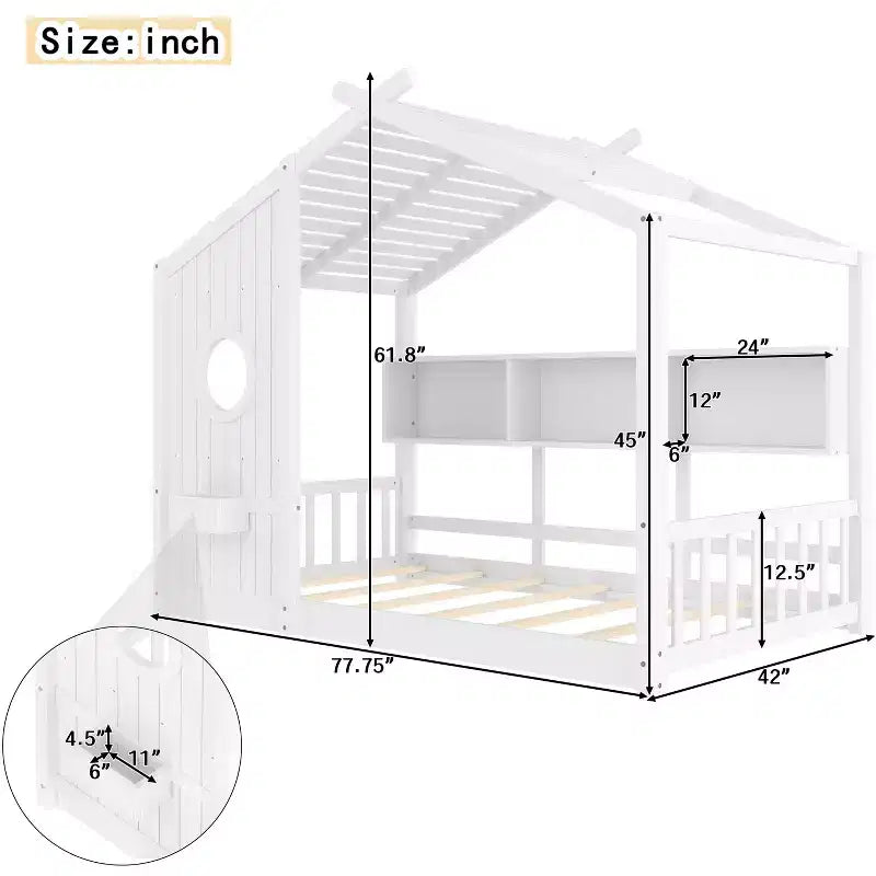 Floor House Bed with Built-In Storage Shelves & Slatted Roof