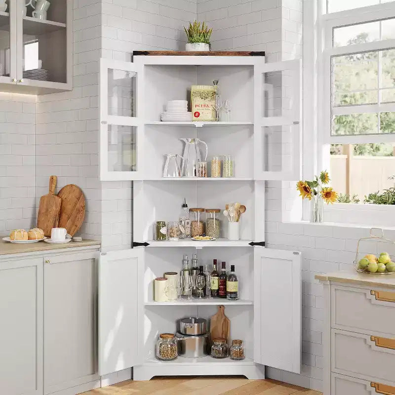 69 Tall Corner Cabinet, Farmhouse Corner Storage Cabinet, Space Saving Storage, Glass Door, Adjustable Shelves, for Living Room, Kitchen