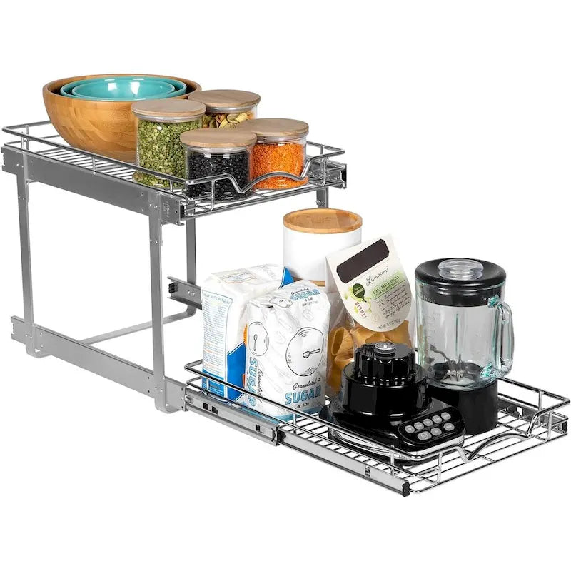 Pull Out Cabinet Organizer 2 Tier  Heavy Duty Metal with Lifetime Limited Warranty - Anti Rust Chrome Finish