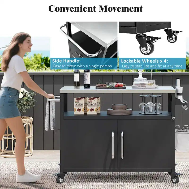 Outdoor Kitchen Island With Stainless Steel Tabletop,Metal Grill Cart Table With Storage Cabinet - N/A