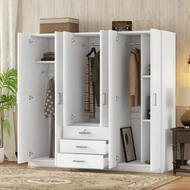 Armoire 6 portes en bois avec 3 grands tiroirs de rangement pour chambre à coucher