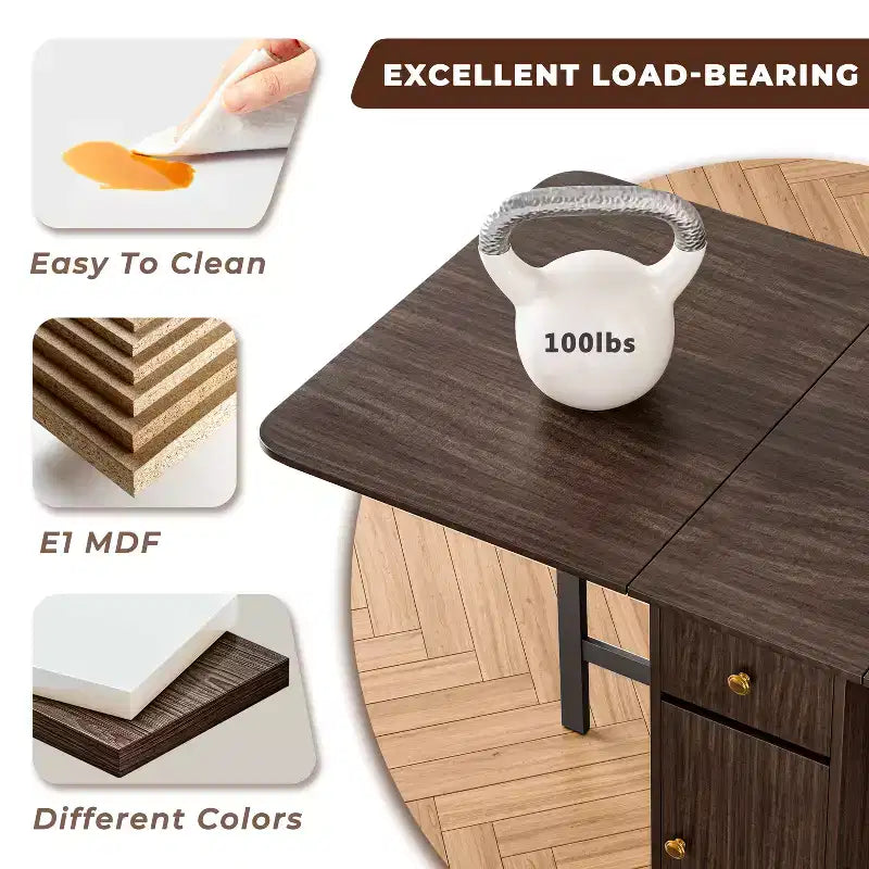 ATJafurn 59'' Foldable Dining Table with Drop Leaves for Small Space, Rectangular Wooden Extendable kitchen Table with Wheels and Storage