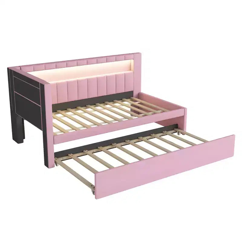 Lit de repos double/complet avec tiroir gigogne et tête de lit bibliothèque en L, lit d'angle doux rembourré en lin avec étagères de rangement et bande LED