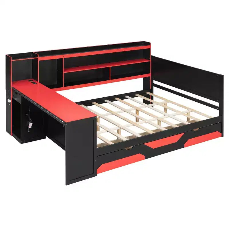 Full/Queen Gaming Daybed with Bookcase Headboard, LED Lights, Integrated Desk, Drawers and Charging Station