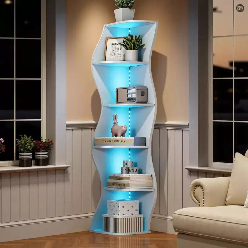 VECELO 5-Tier Wave Corner Shelf, Tall Vertical Storage Display Shelf for Small Spaces & Living Room, White