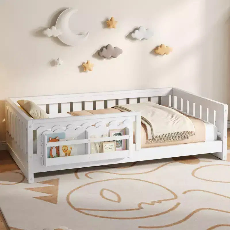 Cadre de lit plateforme pour enfant, tailles jumeau et double, avec barrière de sécurité, étagères intégrées et rangements