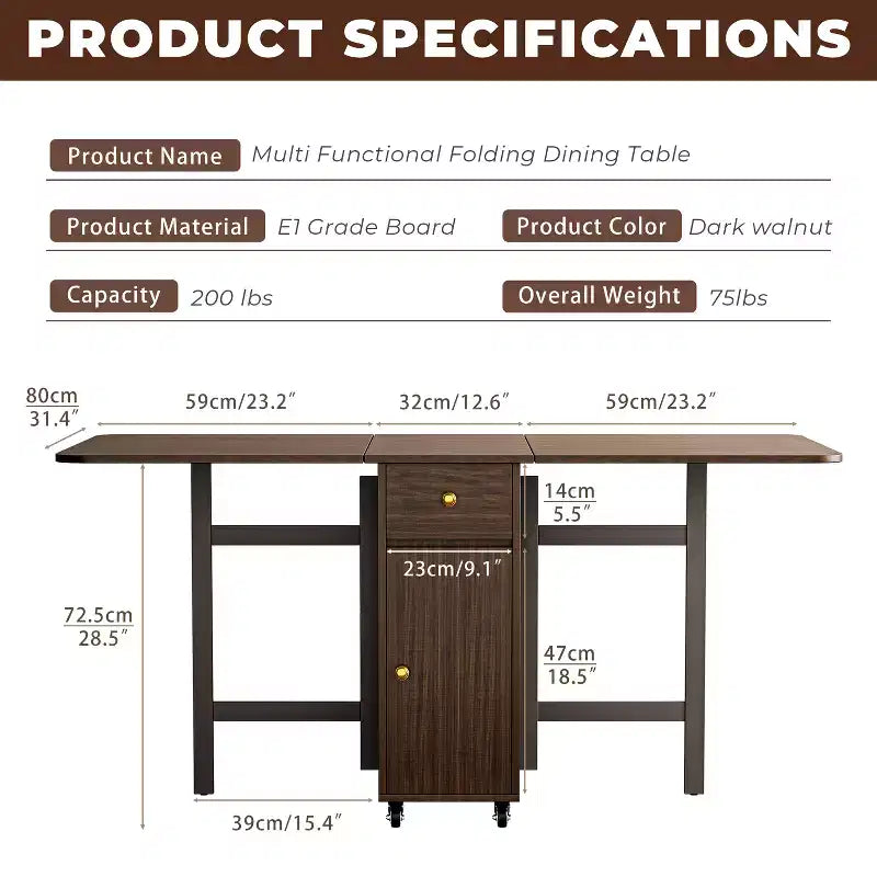 ATJafurn 59'' Foldable Dining Table with Drop Leaves for Small Space, Rectangular Wooden Extendable kitchen Table with Wheels and Storage