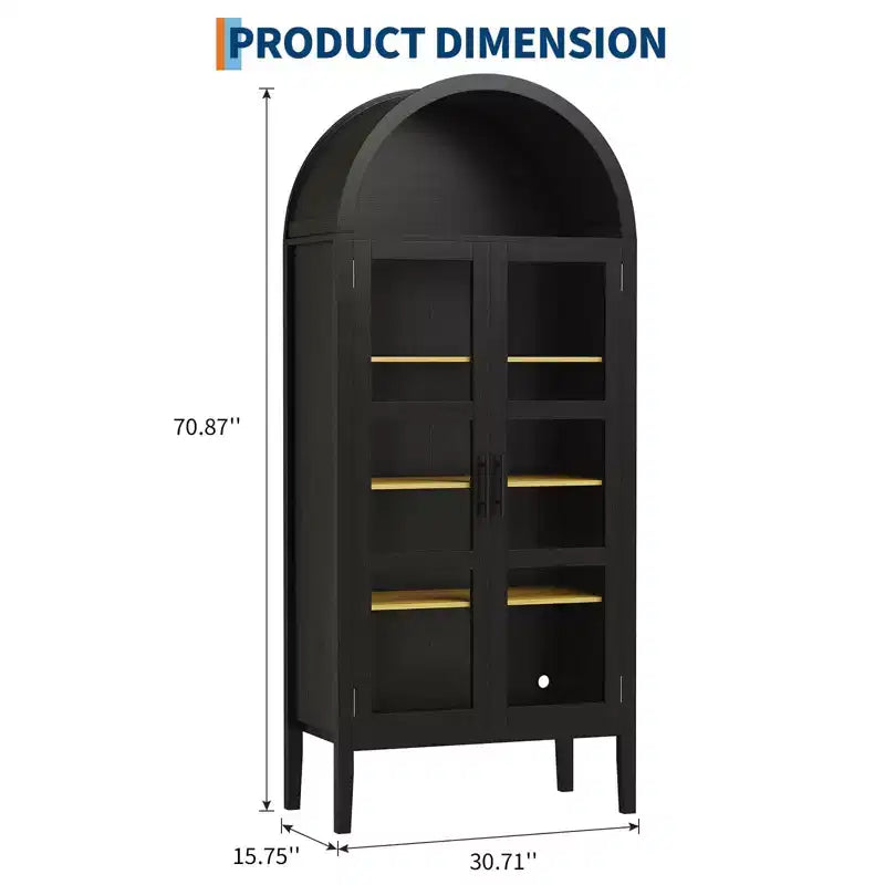 Storage Cabinet, Black/White, Arched Style, Single, 71 Tall with LED Lights & Glass Doors