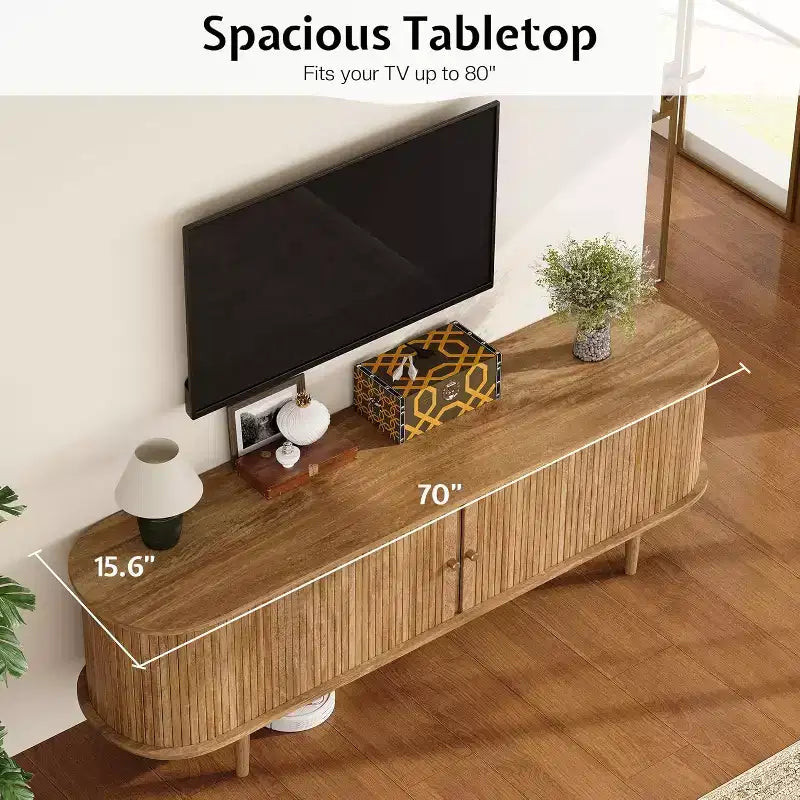 AMERLIFE 70 TV Stand with Solid Wood Legs, Mid Century Modern TV Console with Tambour Door