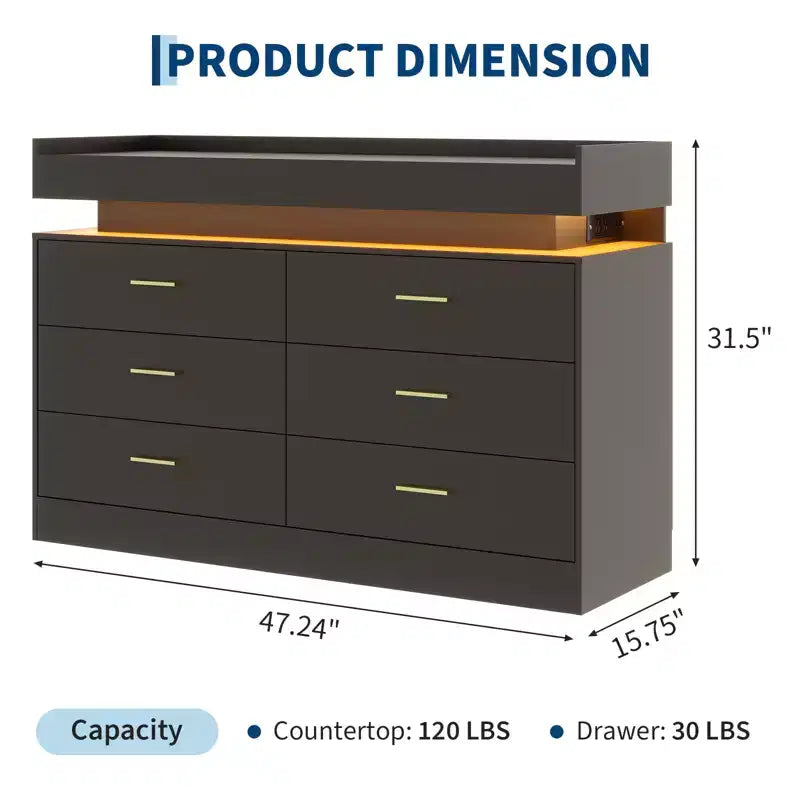 Modern TV Stand with 6 Drawers & LED Lights, Floating Countertop Coffee Bar for Living Room Entertainment Center